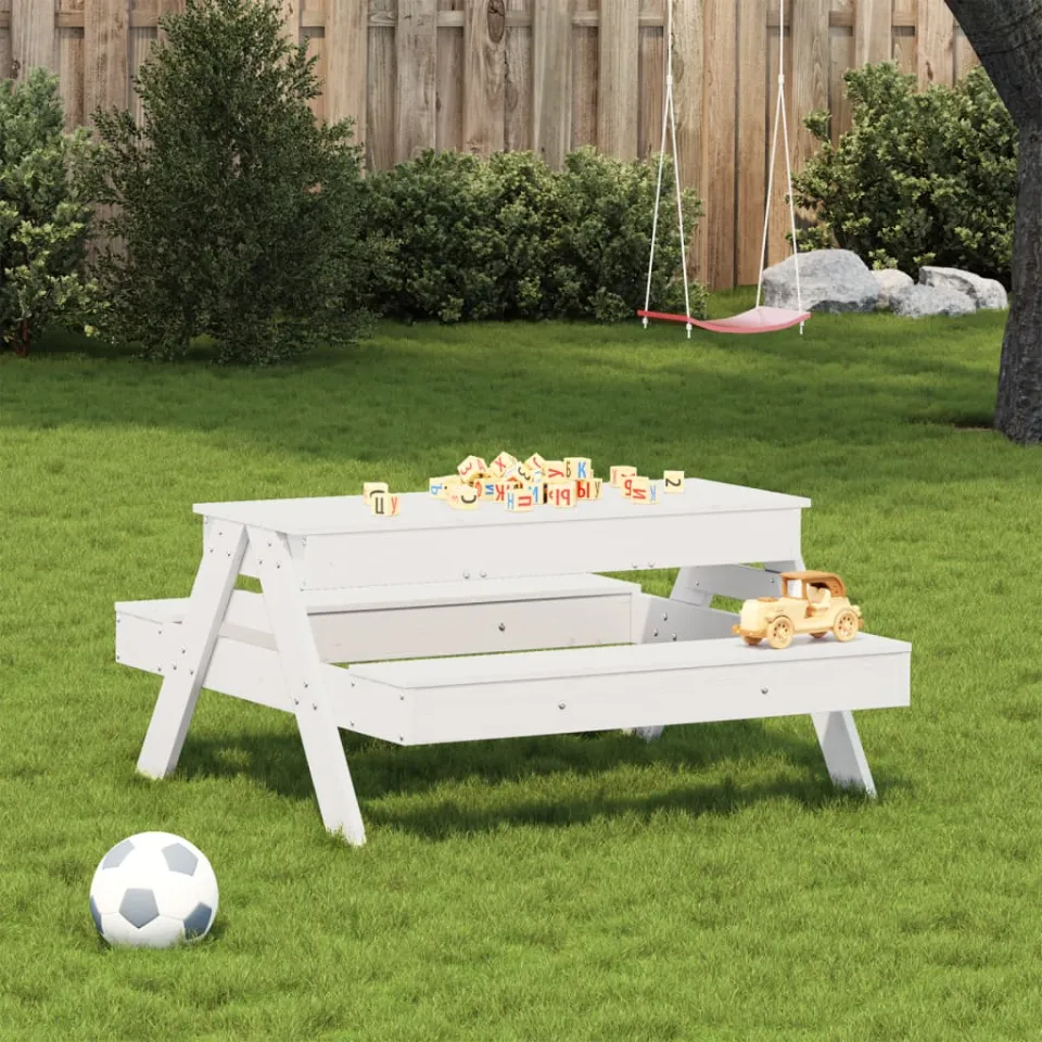 vidaXL Picknicktafel met zandbak voor kinderen massief grenenhout wit, foto 3