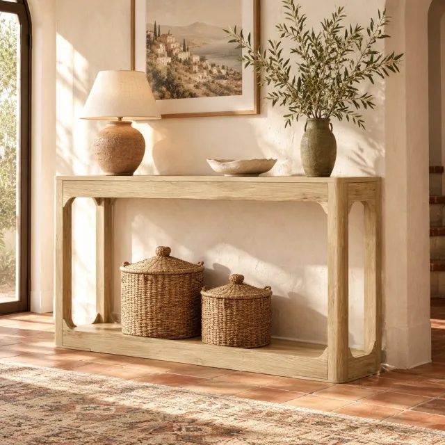 Wishdor Sidetable - Smal model met open opbergplank - Voor achter de bank of in de hal - Modern minimalistisch en Scandinavisch - MDF in natuurlijke houtkleur - 140 x 30 x 79 cm