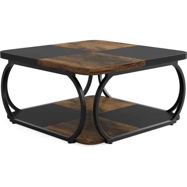 DMG Supply Salontafel - 100 x 100 x 50 cm - Vierkante Koffietafel met 2 Lagen - Bruin en Zwart - Metalen Frame