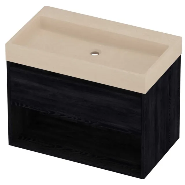 Proline Evoli Badmeubelset Hardsteen Loft Schap 80x46x62 cm Sand Stone Black Oak Eiken