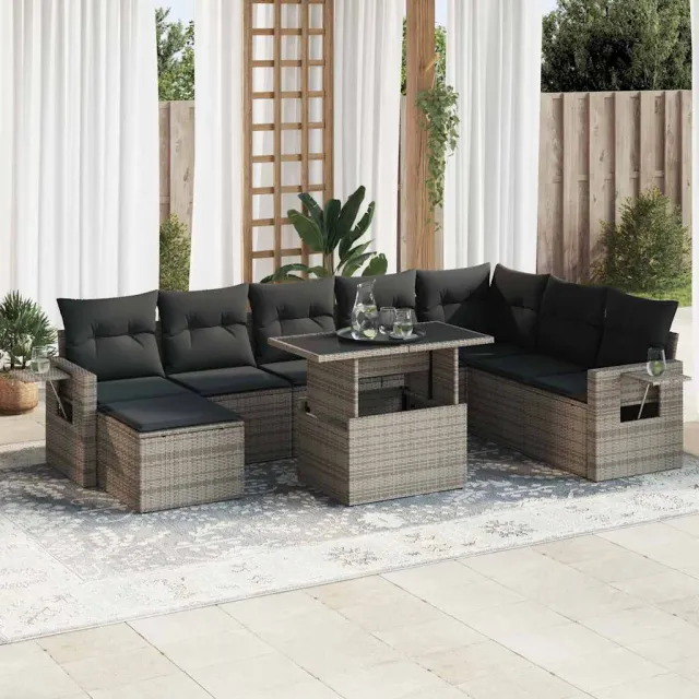 vidaXL 9-delige Loungeset met kussens poly rattan grijs, foto 2