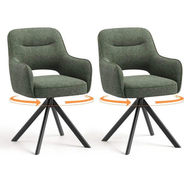 COLAMY Eetkamerstoelen Set van 2 - 360° Draaibare Stoelen met Armleuningen - Stoffen Bekleding - Ergonomische Rugleuning - Dik Zitkussen groen