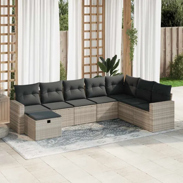 vidaXL 8-delige Loungeset met kussens poly rattan lichtgrijs grijs, foto 2