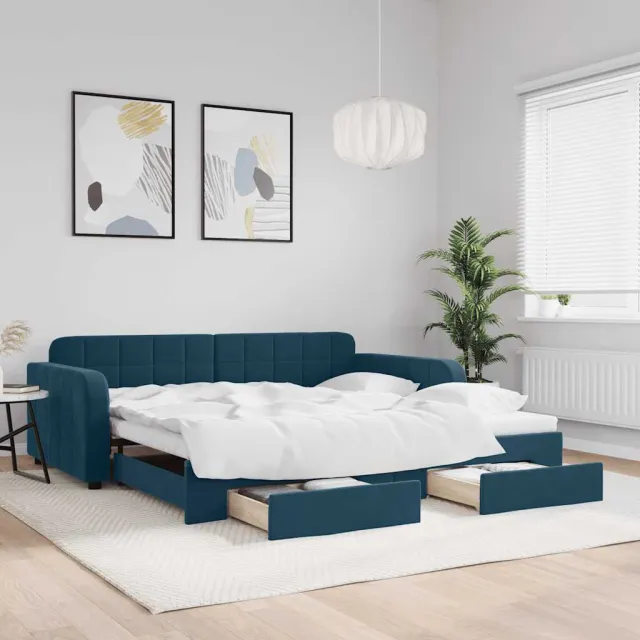 vidaXL Slaapbank met onderschuifbed en lades 100x200 cm fluweel blauw