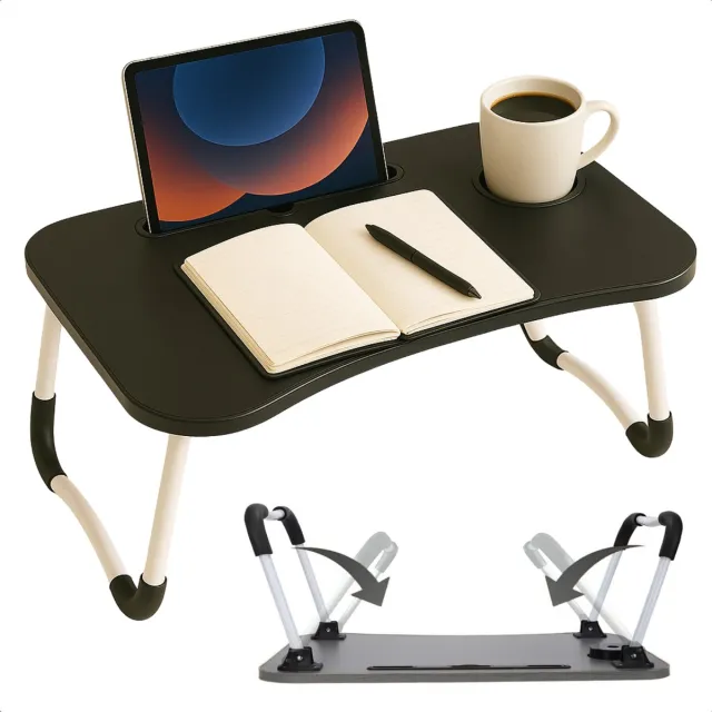 Cheqo Opklapbare Laptoptafel - Ontbijt op Bed Tafel - Bedtafel met Tablethouder - Bank Tafeltje - Ontbijttafeltje - Banktafel - Zwart
