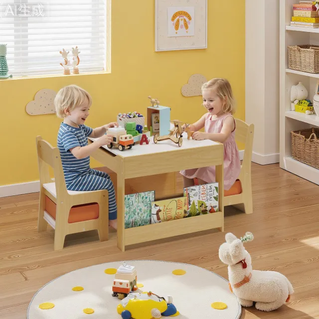 Xbro Kindertafel met Schoolbord en Whiteboard, Kinder Tekentafel, Speeltafel met Opbergruimte, 3-in-1 Kindertafel en Stoeltjes, Ideaal voor tekenen, knutselen en leren, Retro nature