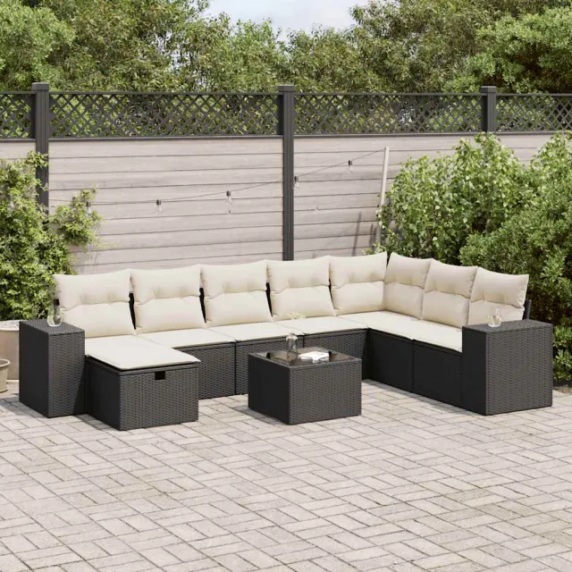 vidaXL 9-delige Loungeset met kussens poly rattan zwart, foto 2