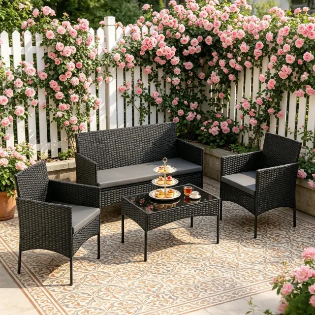 CHICFURN Loungeset - 4 zitplaatsen - Met kussens - Zwart
