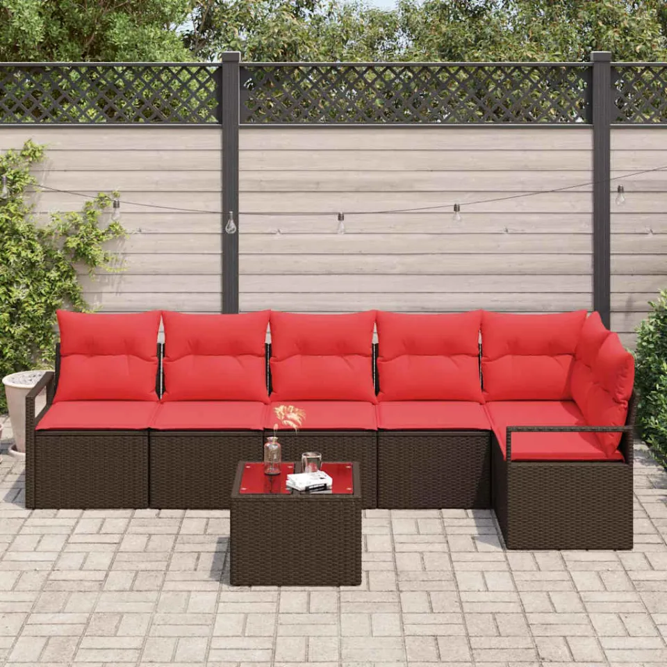 vidaXL Tuinbankenset 7 st Bruin en Rood poly rattan, foto 3