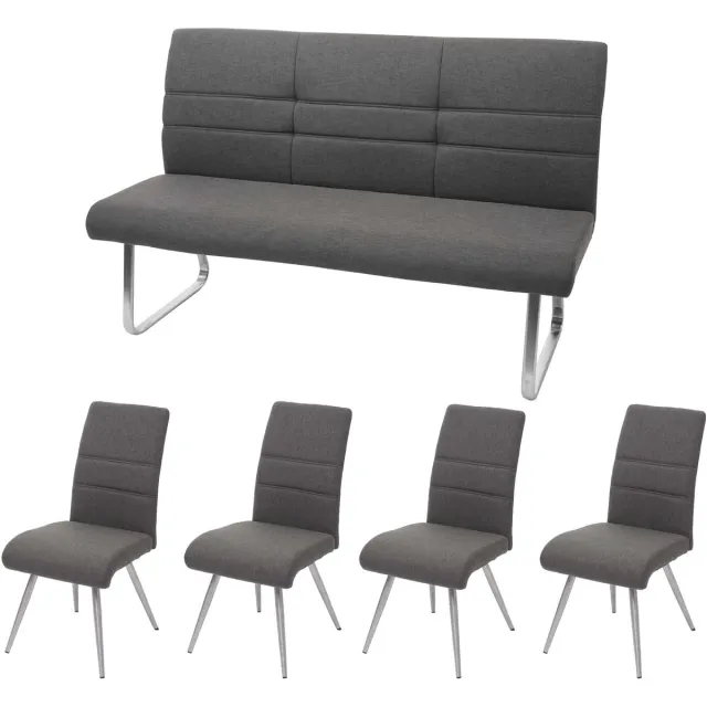 MCW Set van 4x eetkamerstoel+bank MCW-G55, bank keukenstoel stoel, stof/textiel roestvrij staal ~ grijs-bruin bank 180cm