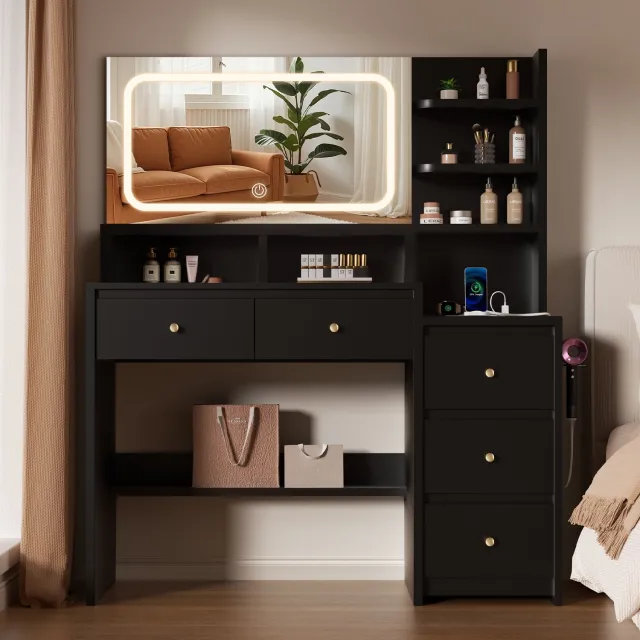 Lexzurn Kaptafel - Make-up tafel met spiegel - 3 soorten LED-verlichting - 7 open vakken + 5 laden - met Föhnhouder - met Stopcontact en USB-poorten - 143x115x40 cm - voor slaapkamer en kleedkamer - Zwart