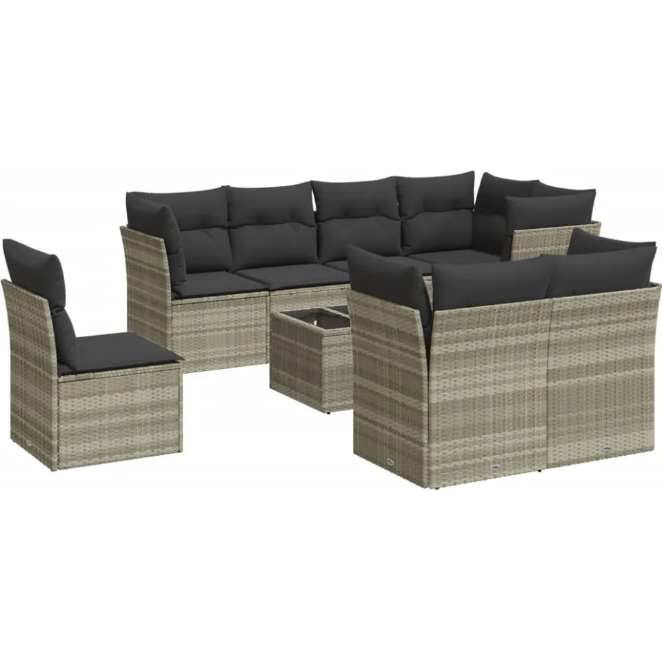 vidaXL 9-delige Loungeset met kussens poly rattan lichtgrijs
