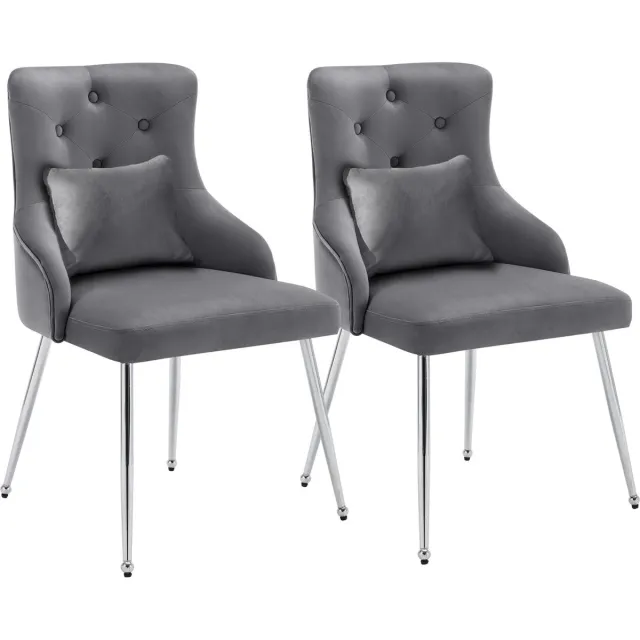 Merax Luxe Eetkamerstoelen Set van 2 - Gestoffeerde Fauteuil met Lendenkussen - Moderne Stoelen met Metalen Poten - Grijs