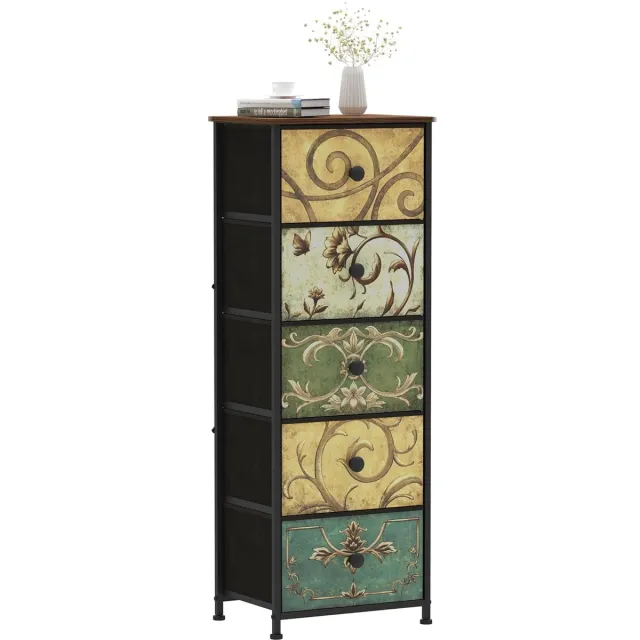 Trankielo Smalle Commodekast met 5 Stoffen Laden – Vintage Design – Ideaal voor Slaapkamer en Woonkamer zwart, wit, multi