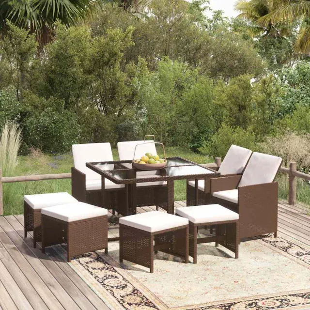 vidaXL 9-delige Tuinset met kussens poly rattan bruin, foto 2