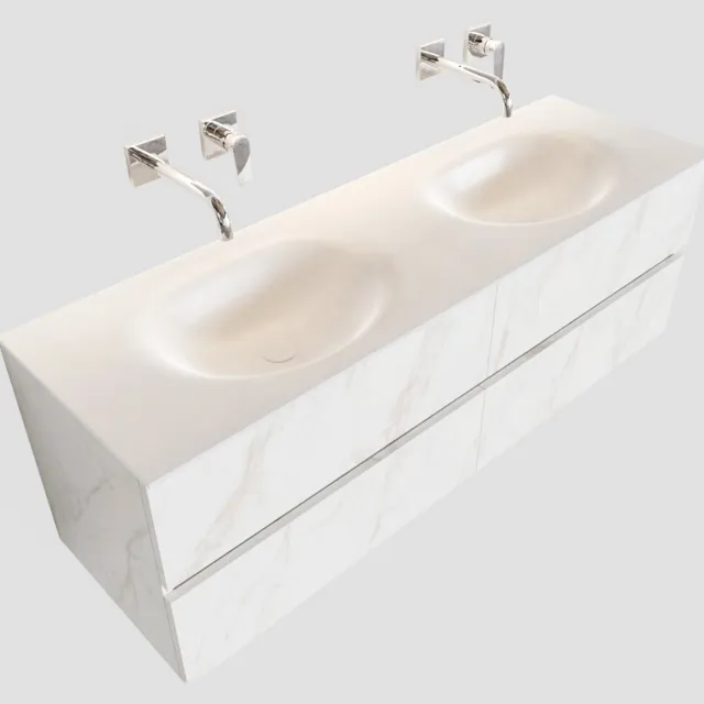 Boss & Wessing Badkamermeubel BWS Valencia Carrara Mat 150 cm Solid Surface Wastafel Dubbel (0 kraangaten, 4 lades)