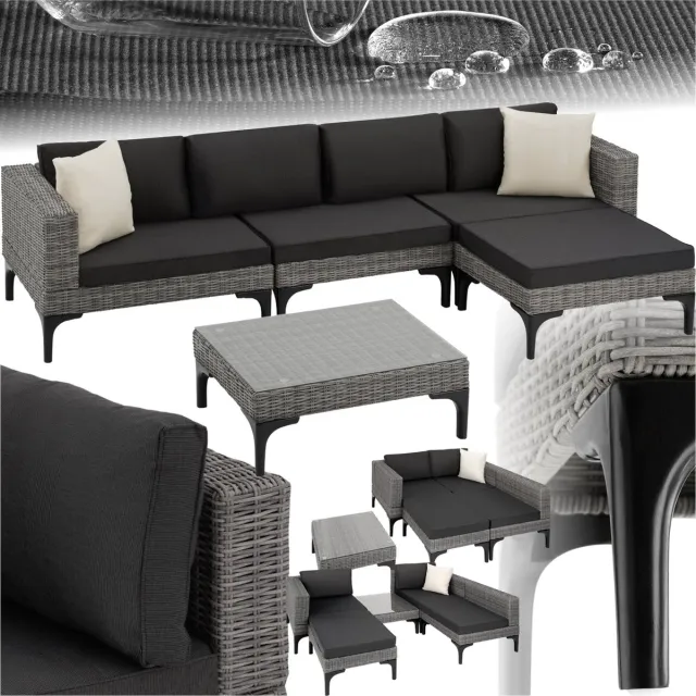 Tectake Outdoor wicker lounge - 5-delige tuinmeubelbankset - Vrij combineerbaar met hoekstoel, fauteuil, kruk en tafel - Tuinlounge inclusief zit- rug- en sierkussens - Grijs