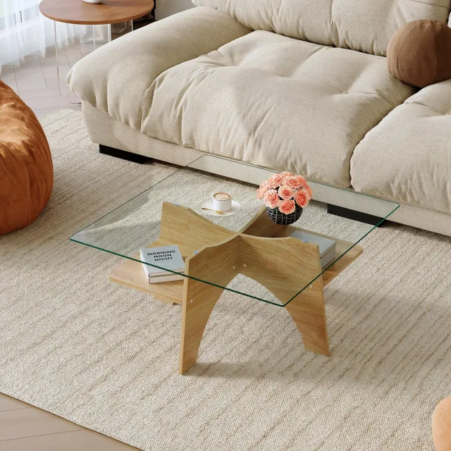 MODENUIT Salontafel - Vierkant Met Veiligheidsglas - Voor Woonkamer En Balkon - Houtlook Transparant - 80x80x40 Cm