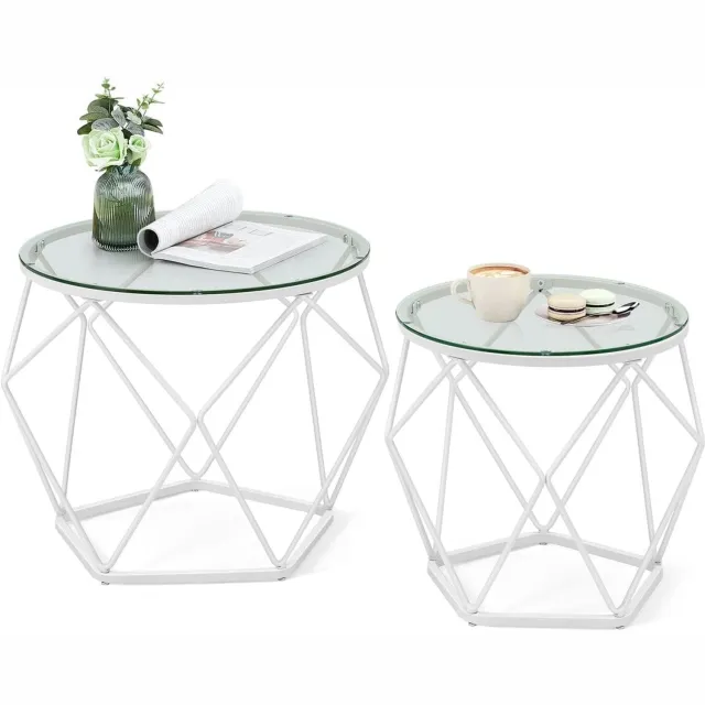 Klarven Salontafel Rond Transparant-wit - Salontafel Glas - Set van 2 Bijzettafels - Salontafel - Afneembaar Tafelblad