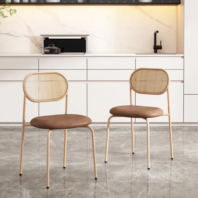 Maisentiel Eetkamerstoelen set van 2 – 46 x 48 x 80 cm – Rotan, PU en metaal – Bruin