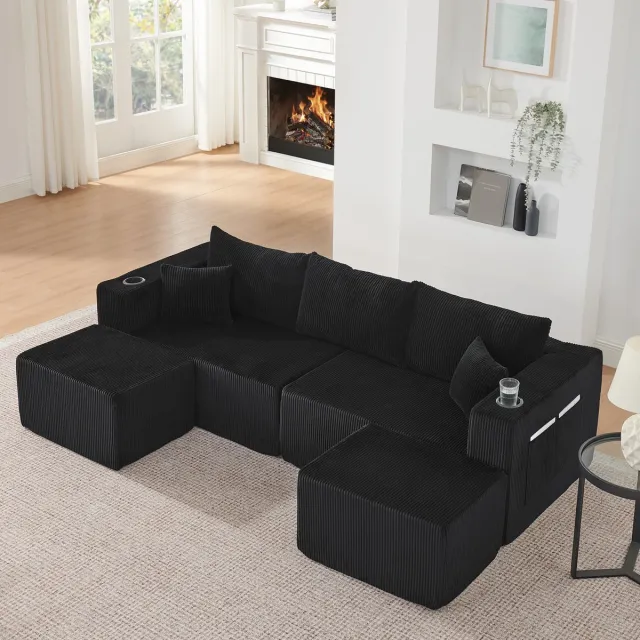 MEUNIQ modulaire hoekbank 3-zits 230 x 138 x 75 cm met 2 verplaatsbare ottomanen, bekerhouders, zijvakken en kussens, cordstof, zwart