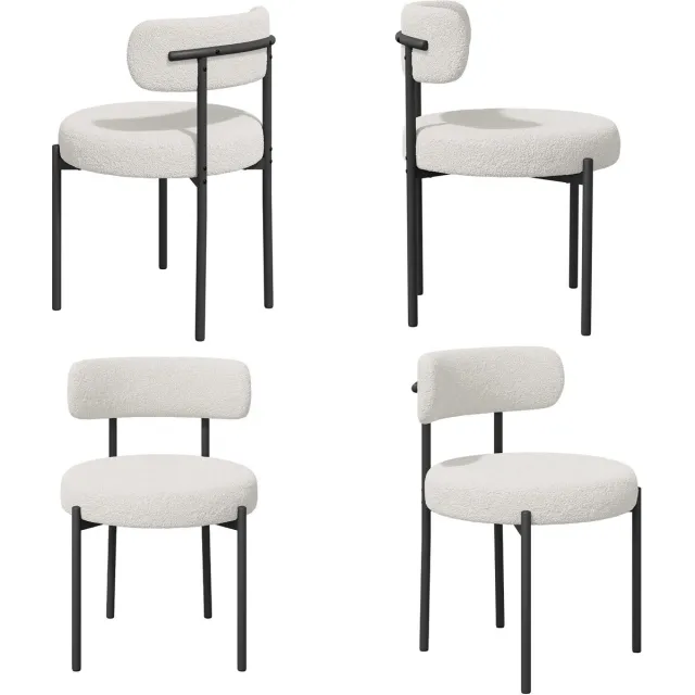hawthyhome Eetkamerstoel Set van 4 Teddy Stof Gestoffeerde Stoel met Metalen Poten Moderne Keukenstoel Design Stoel Zachte Bouclé Stoel Comfortabele Zitstoel voor Eetkamer Woonkamer Keuken Slaapkamer Horeca Scandinavische Stijl wit