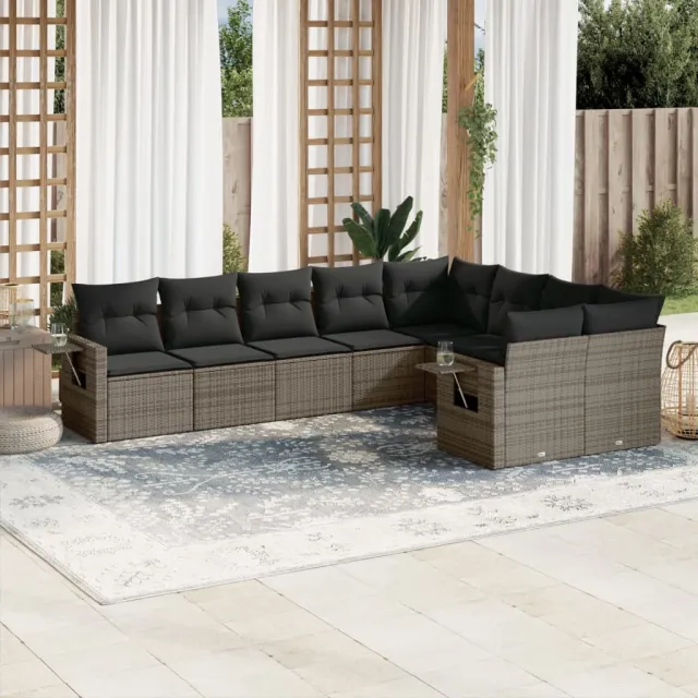 vidaXL 9-delige Loungeset met kussens poly rattan grijs, foto 2