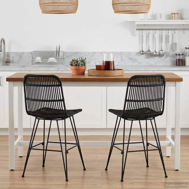 vidaXL Eetkamerstoel 2 st Rattan en staal Zwart 41 x 55 x 85 cm