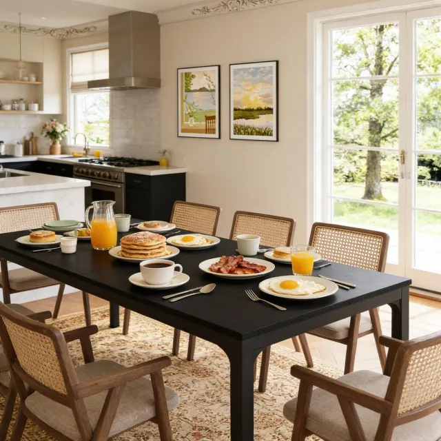 FloraGrace Eettafel - Rechthoekige Tafel Voor 6 Tot 8 Personen - Industrieel Voor Eetkamer En Kantoor - MDF En Metaal - 200x70x75 Cm - Zwart