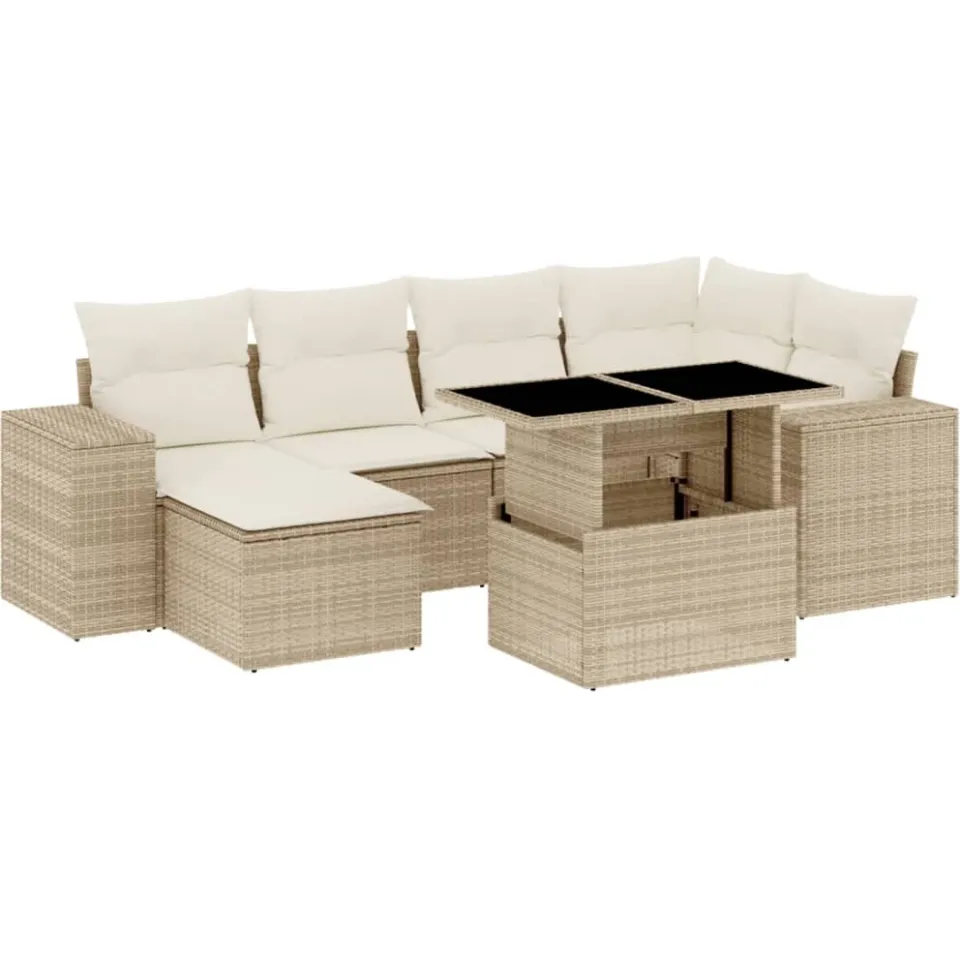vidaXL 7-delige Loungeset met kussens poly rattan beige, foto 3
