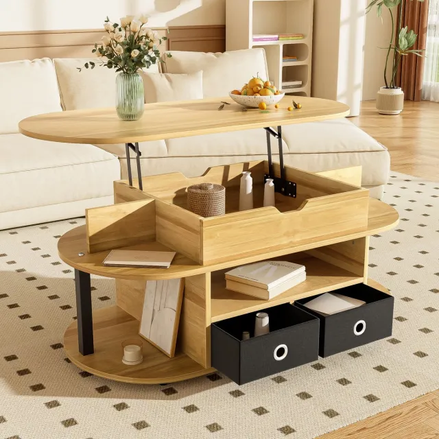 Sweiko Salontafel met houtnerf - Met liftfunctie - Opbergruimte - Laden van zwarte stof - Natuurlijk