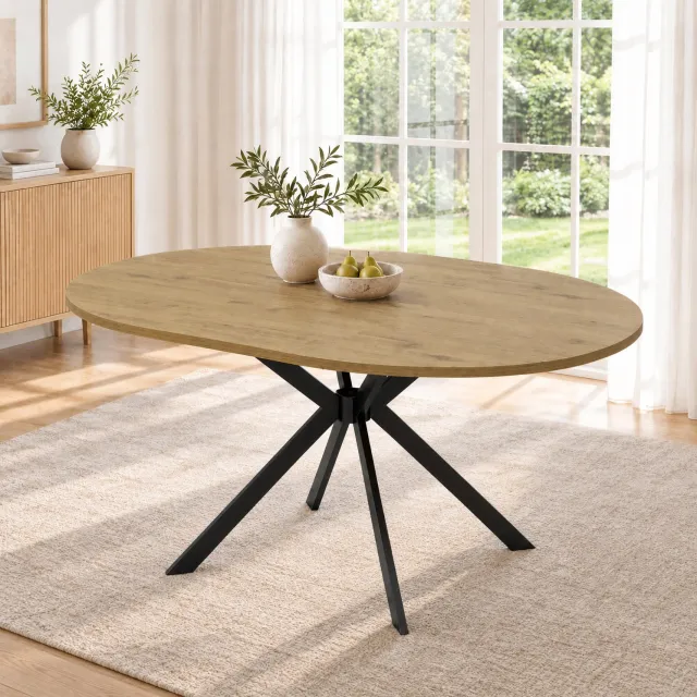 HAUSS SPOLE Eettafel - Uitschuifbaar Van Rond Naar Ovaal - Voor 4 Tot 6 Personen In Eetkamer En Keuken - MDF En Metaal - 140x100x75 Cm - Houtkleur