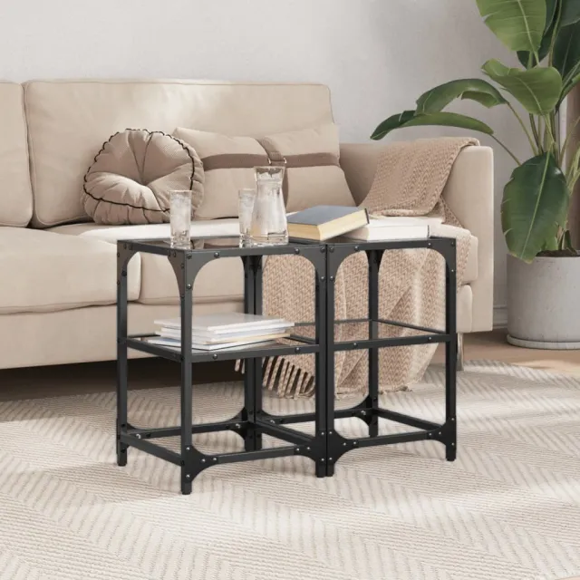 vidaXL Salontafels 2 st met zwart glazen blad 30x30x45 cm staal, foto 2