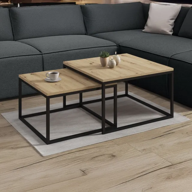 MEUBELLA Salontafel Styler - Licht eiken - 70 cm - set van 2 Zwart