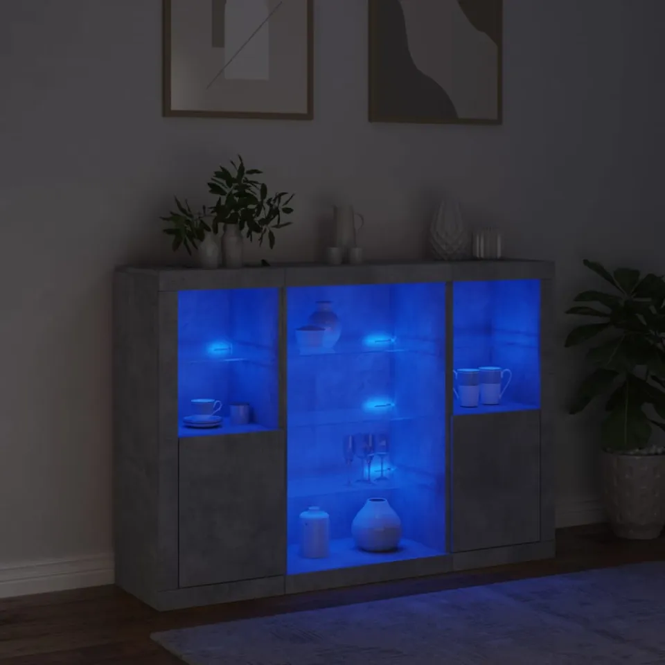 vidaXL Dressoirs met LED-verlichting 3 st bewerkt hout betongrijs grijs, foto 3
