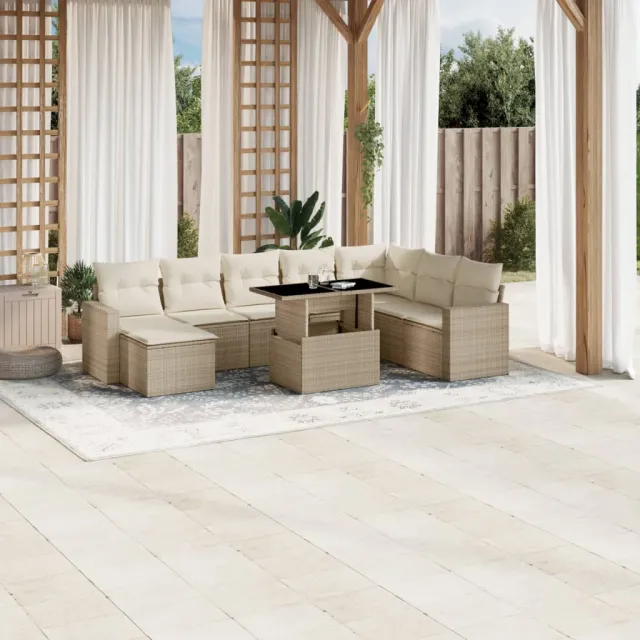 vidaXL 9-delige Loungeset met kussens poly rattan beige, foto 2