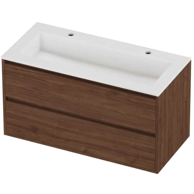 Proline Aristo Badmeubelset Polystone Elegant Greeploos 100x46x54 cm Glans Wit Indian Walnut Houtlook
