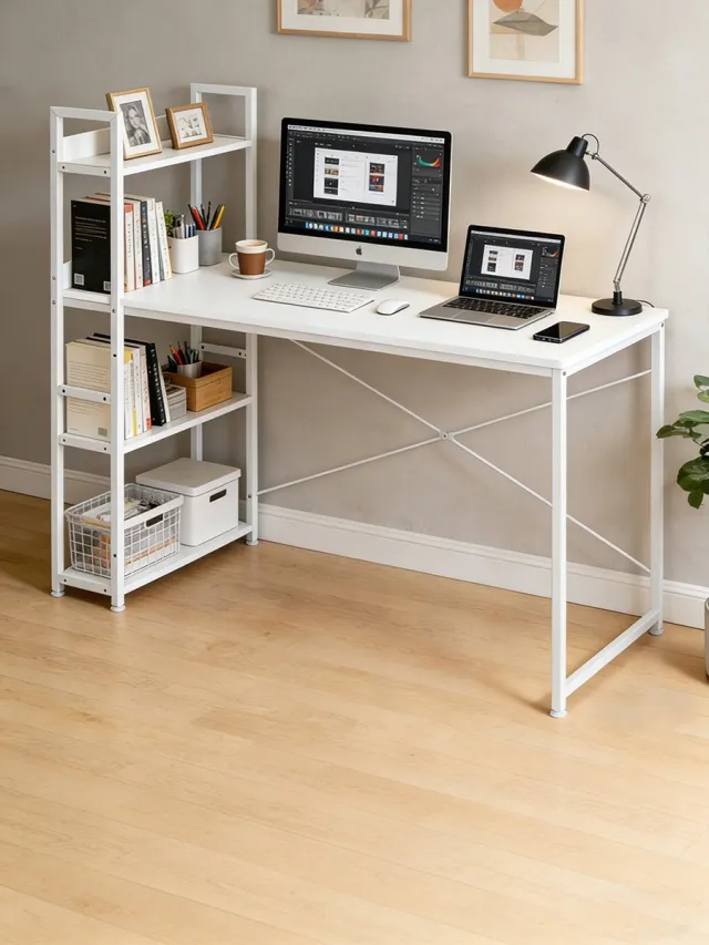 AIMASON Computerbureau met Omkeerbare Boekenkast - Bureau van 140 x 60 cm met 4 Open Planken, Ruim Werkblad en Stevig Metalen Frame - Ruimtebesparend Bureau voor Laptop, Desktopcomputer, Thuiswerken, Studiekamer, Slaapkamer en Kantoor - Wit