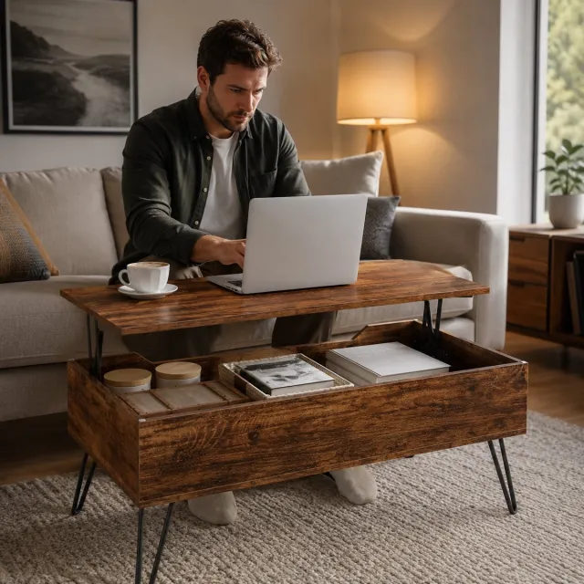Sello! salontafel – lage tafel – hefblad – verborgen opbergruimte – hefsysteem – industrieel - vintage – houtlook – zwart