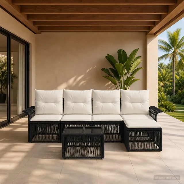 vidaXL Tuinbankenset 6 st 5-zits Zwart poly rattan, foto 2