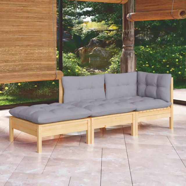 vidaXL 3-delige Loungeset met grijze kussens massief grenenhout grijs, foto 2