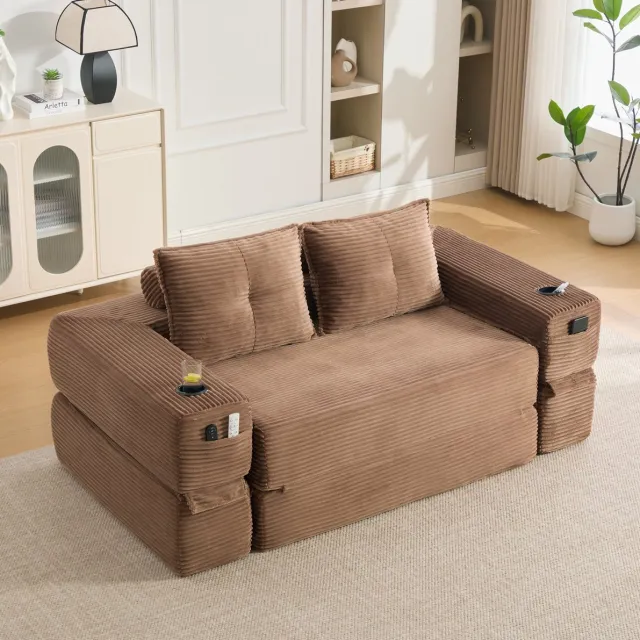 MODENUIT Slaapbank 180 x 98 x 80 cm - 2-Zits Met Bekerhouder, Zijvakken En Geheugenschuim - Cordstof Bruin Brown