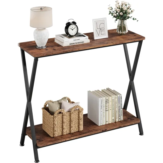 HOERFURIY Haltafel - Sidetable - Wandtafel - Smal & Stijlvol - Met 2 Opbergplanken - X‑vormig Metalen Frame - Industrieel Design - voor Gang Woonkamer & Slaapkamer - Zwart Rustiekbruin