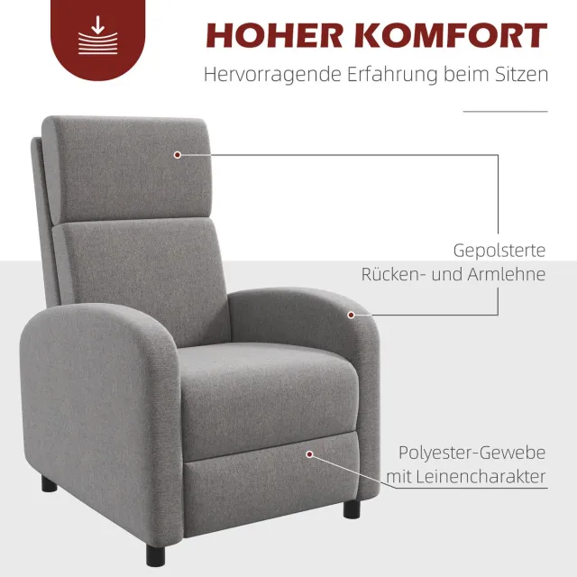 HAUSS SPOLE Relaxfauteuil Met Handmatige Ligfunctie En Voetsteun, Comfortabele Fauteuil Met Hoge Rugleuning En Brede Armleuningen Voor Woonkamer En Kantoor, Grijs Stof Gray