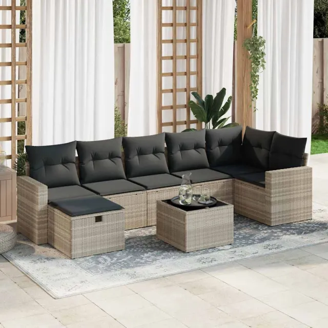 vidaXL 8-delige Loungeset met kussens poly rattan lichtgrijs grijs, foto 2