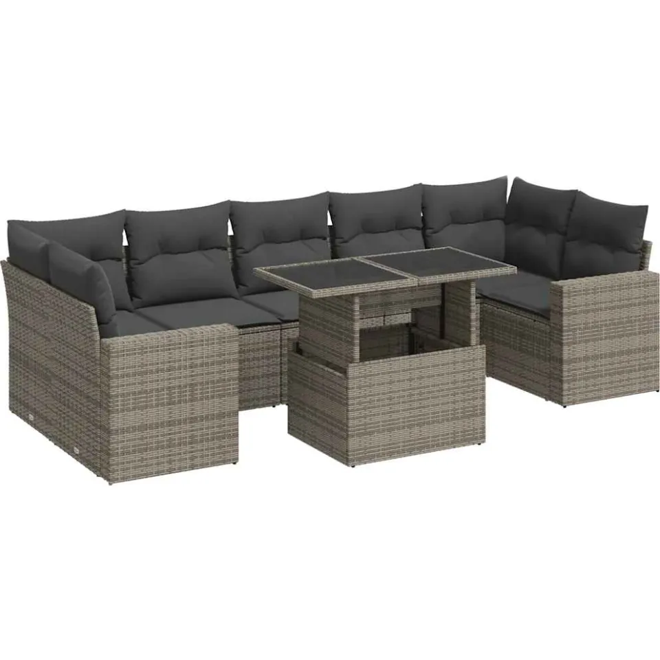 vidaXL 8-delige Loungeset met kussens poly rattan grijs, foto 3