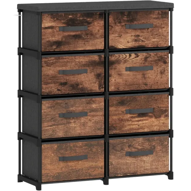 ZYLARO Dressoir - Ladekast met 8 laden - Stoffen ladekast - Metalen frame - Voor slaapkamer en woonkamer - Vintage bruin zwart+rustiek bruin