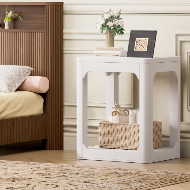 MODFU Set Van 2 Bijzettafels - Dubbele Opbergplank - Modern - MDF - Wit - 50 x 40 x 60 Cm
