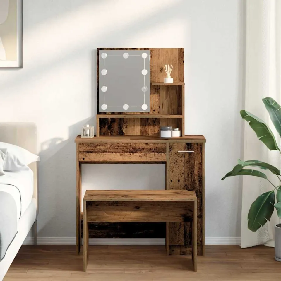vidaXL Kaptafelset met LED-verlichting bewerkt hout oud houtkleurig bruin, foto 3