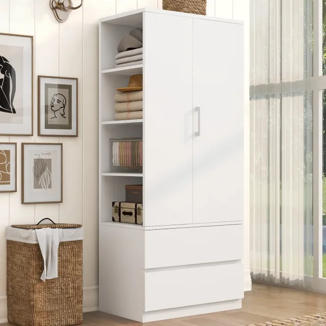 MODENUIT Kledingkast - Hanggedeelte, Open Vakken en 2 Lades - Slaapkamer - Hout - Wit - 70x50x175 cm